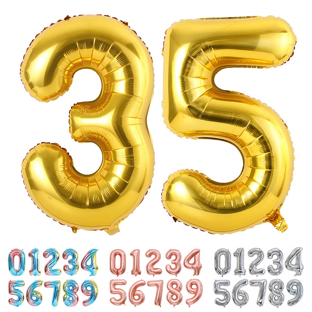 Ponmoo Foil Balloon Number 35/53 Gold, Giant Numbers 0 1 2 3 4 5 6 7 8 9 10-19 20-29 30-39 40-49 50-60-70-80-90-100, Large Balloons for Wedding Anniversary Birthday Party Decoration