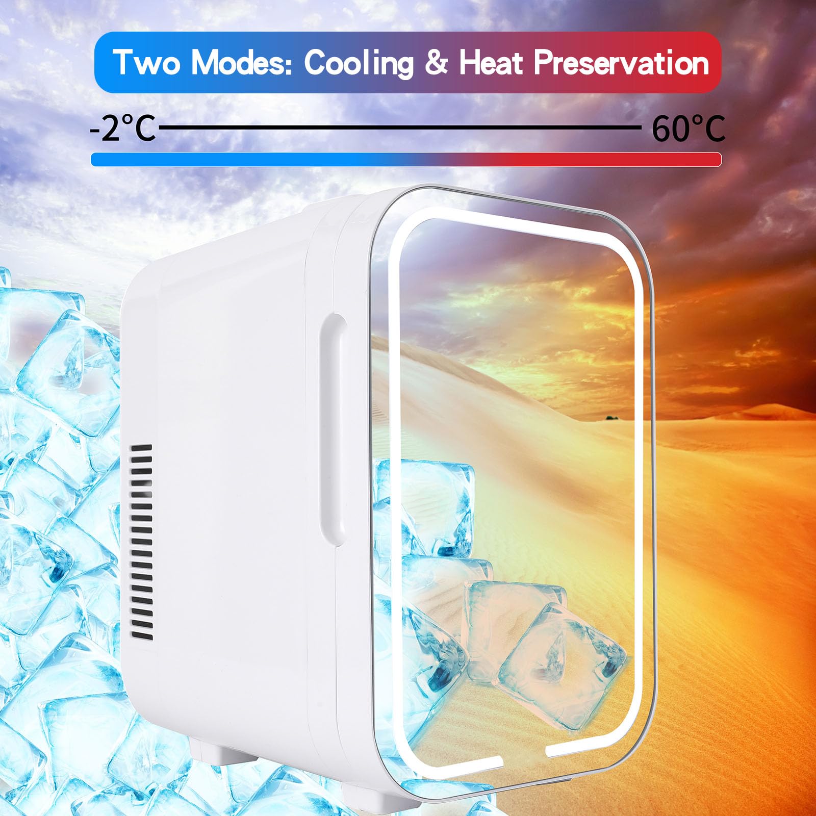 ZLPTEAM Mini Fridge with Mirror Door & Adjustable LED Lights - 8L Cosmetic Skincare Fridge for Bedroom,Dorm,Mini Car Refrigerator Portable Quiet Cooling,Gift for Women
