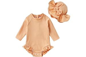 YOUNGER TREE Infant Baby Girls Swimsuit Long Sleeve Swimsuits One Piece Swimsuit Solid Color Bathing Suit with Hat, UPF 50+