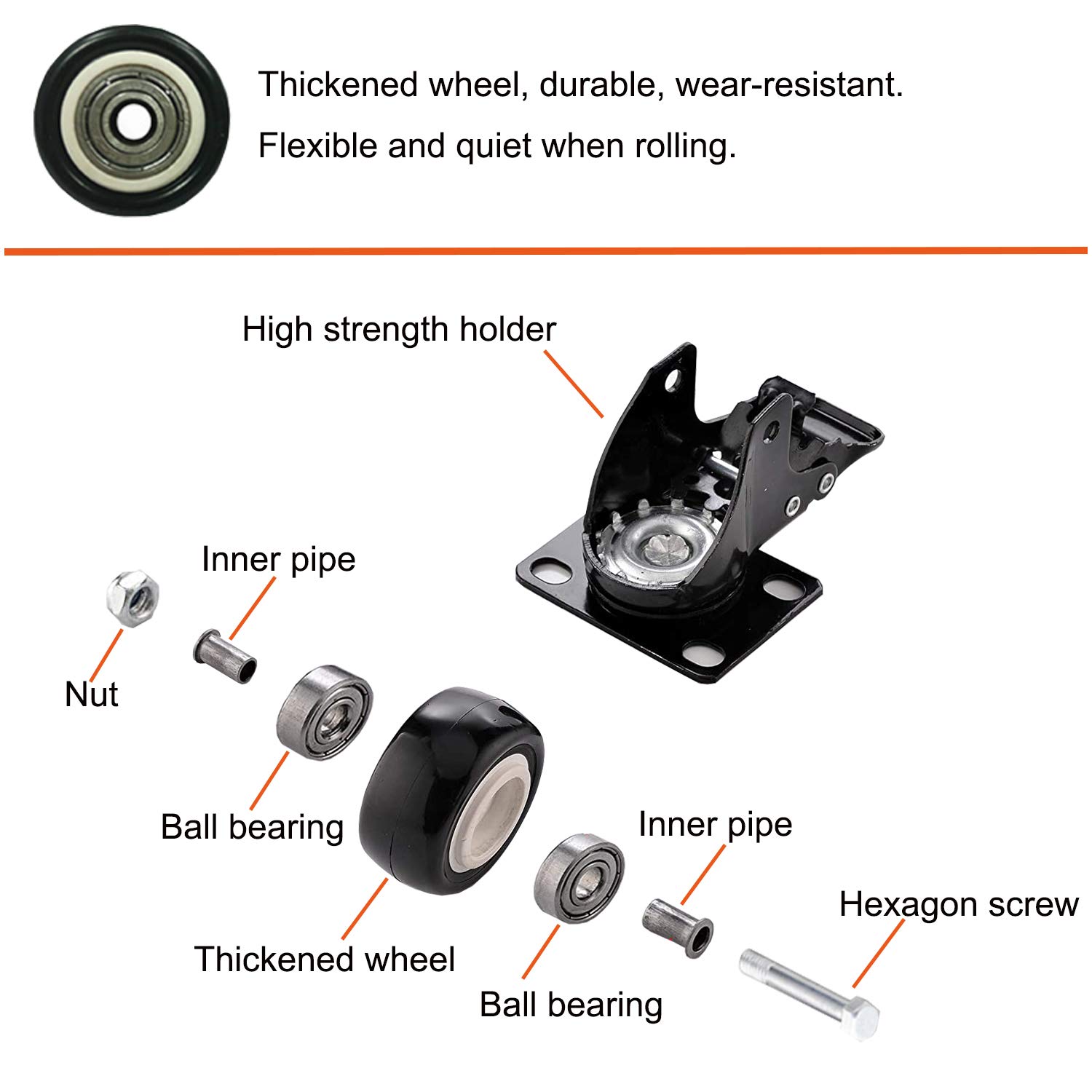 Moogiitools 2" Caster Wheels Set of 4, Heavy Duty Casters with Brake, No Noise Locking Casters with Polyurethane (PU) Wheels, Swivel Plate Castors Pack of 4: Industrial & Scientific