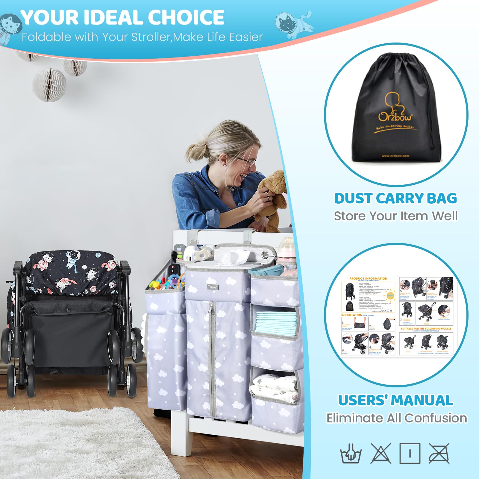 Orzbow Universal Sun Shade for Stroller, Detachable UPF 50+ Stroller Cover for Sun with See Through Mesh Window, Breathable Sunshade Cover - Stroller Canopy Extender, Baby UV Sun Protection, Cute Cat