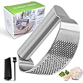 Stainless Steel Garlic Press Rocker - Heavy Duty Garlic Mincer & Crusher Tool with Peeler & Brush, Easy Clean Garlic Chopper 