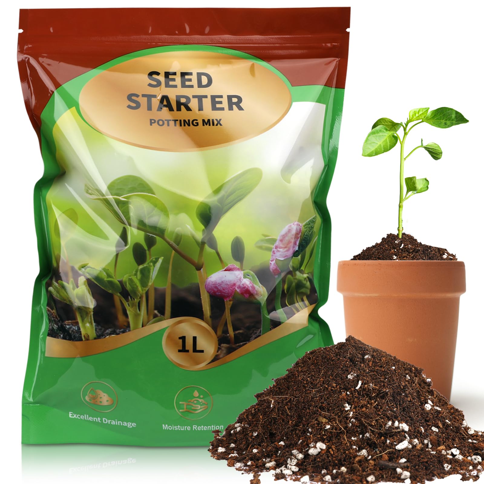 GOTVUGE Seed Starter Potting Soil Mix, Seed Starting Mix for Germination and Growth, Loamy Compost Well-Drainaged Soil Fit for Vegetable, Flower, houseplant (1L)