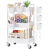 3 Tier Rolling Cart Metal with Wheels, White Three Tiered Craft Cart Organizer on Wheels, Storage Utility Carts for Art, Baby