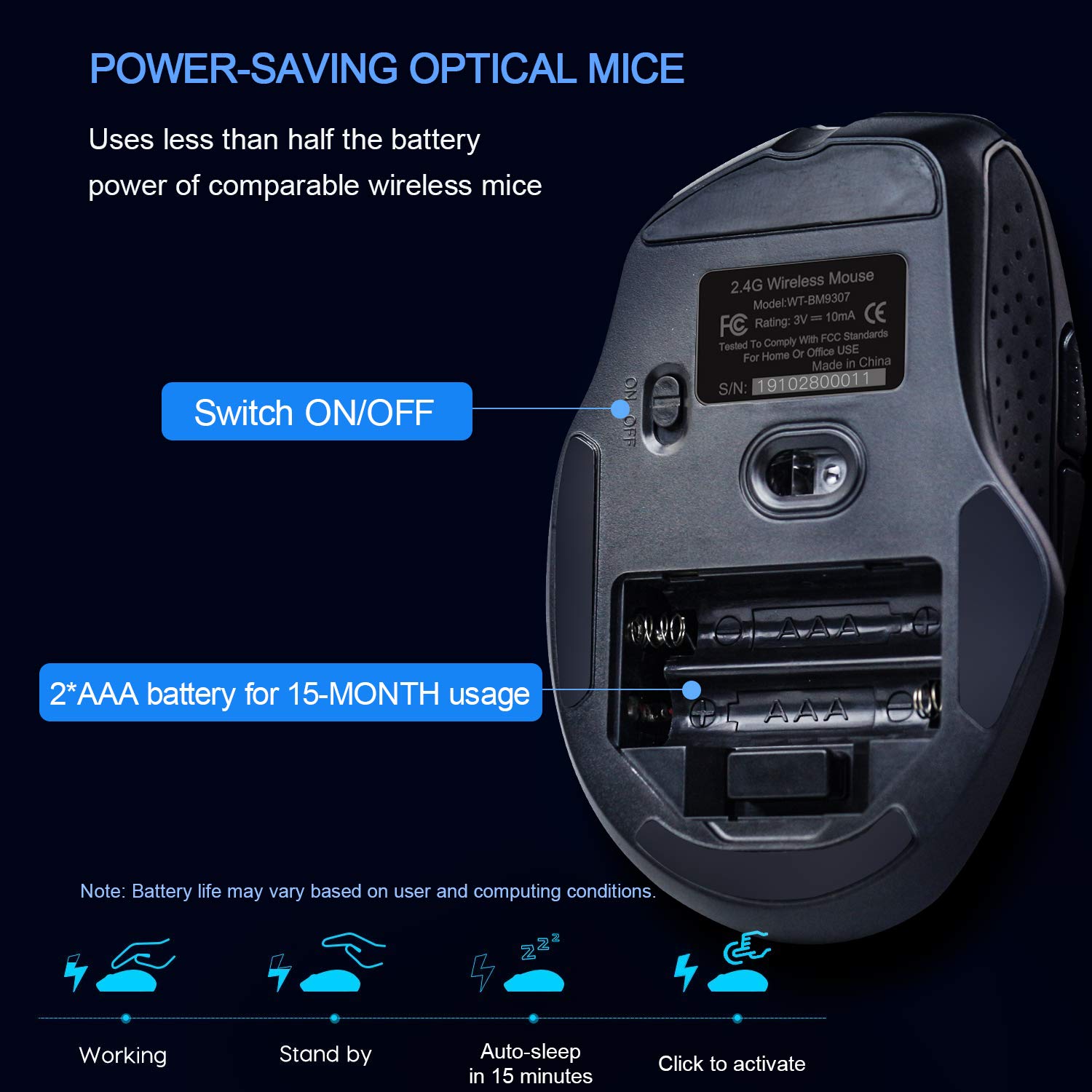 2.4G Wireless Mouse Portable Mobile Optical Mice with Nano USB Receiver 2400DPI 6 Buttons for Notebook PC Laptop Computer MacBook, Black