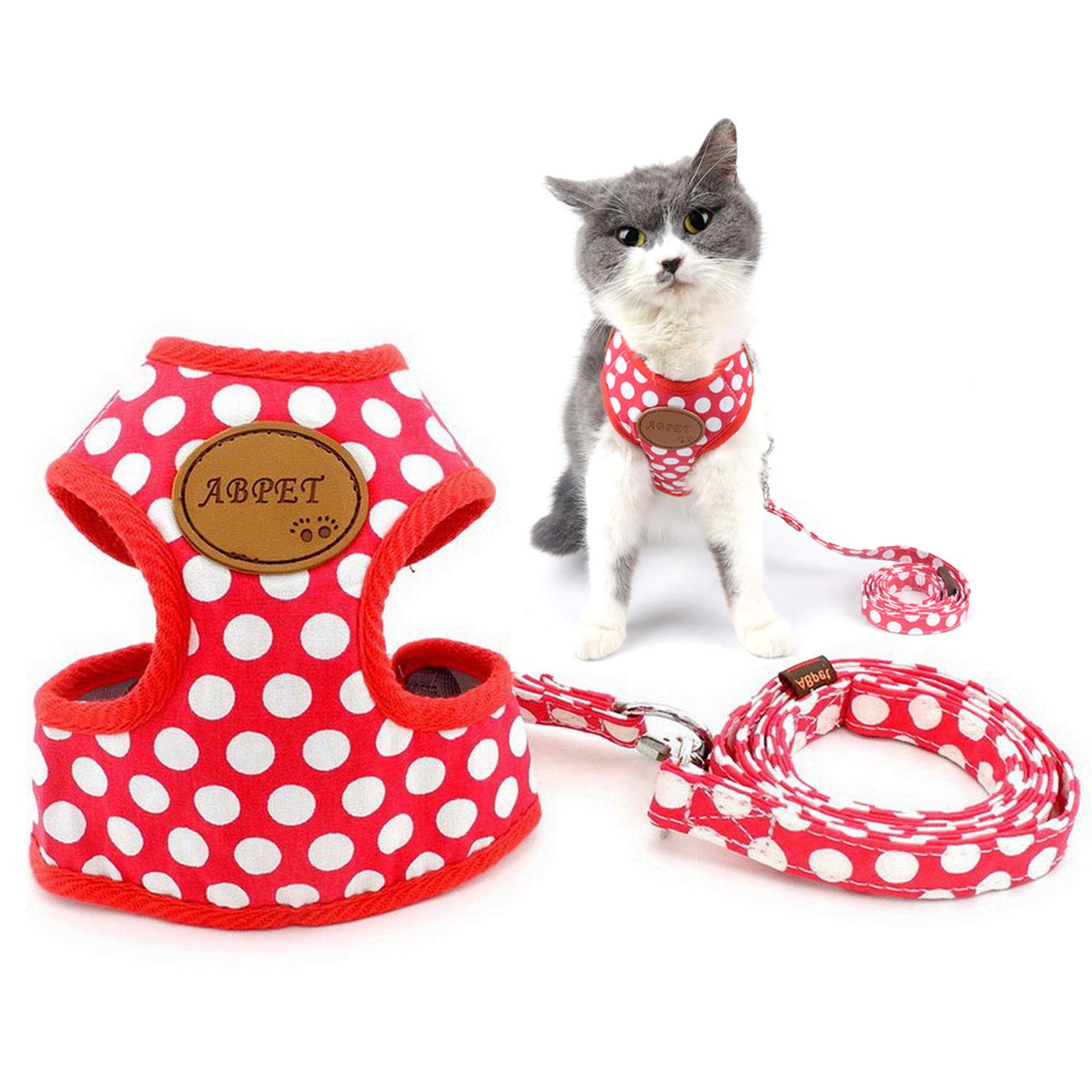 Ranphy Polka Dot Small Dog Cat Harness and Lead Set Escape Proof No Pull Soft Mesh Padded Vest Harness Adjustable Girls Boys Puppy for Training Walking Jacket and Leash Set Red S — image 1