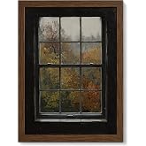 YPDQJW Fall Window Wall Art, Walnut Framed Autumn Canvas Print, 12x16 in | Vintage window view in earth tones, moody dark academia cottagecore wall decor for living room, bedroom, office or hallway.