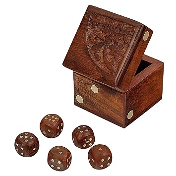 (Fazzilet) Handmade Wooden 5 Dice Set with Storage Box Gaming Dice, Brown