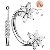 Melighting Flower 20G Horseshoe Nose Ring Hoop, Piercing Taper Ball Grabber Tool Set 316L Stainless Steel, CZ Clear Threadless Push in Nose Septum Daith Lip Rook Helix Piercing Jewelry for Women 7/8mm
