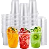 FOCUSLINE 200 PACK 12oz Clear Plastic Cups, Disposable Cold Drinking Cups, 12 Ounce Clear Cups with Dome Lids with Holes for Smoothie, Milkshake, Bubble Tea, Parfait