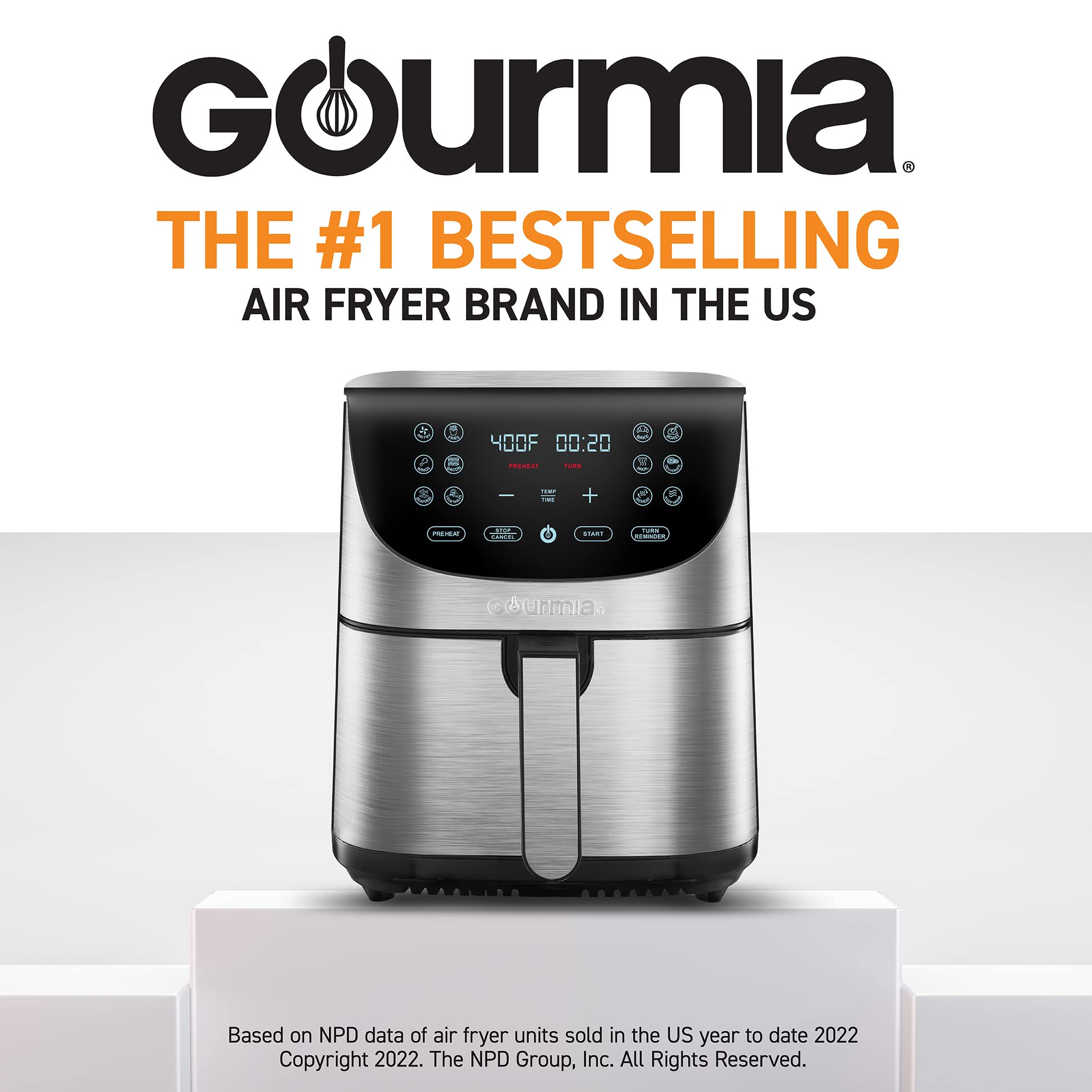 Gourmia Air Fryer Oven Pantalla digital 7 Quart Large AirFryer Cooker 12 Touch Cooking Presets, XL Air Fryer Basket 1700w Power Multifunción GAF778 Freidora de aire negra y de acero inoxidable FryForce 360°