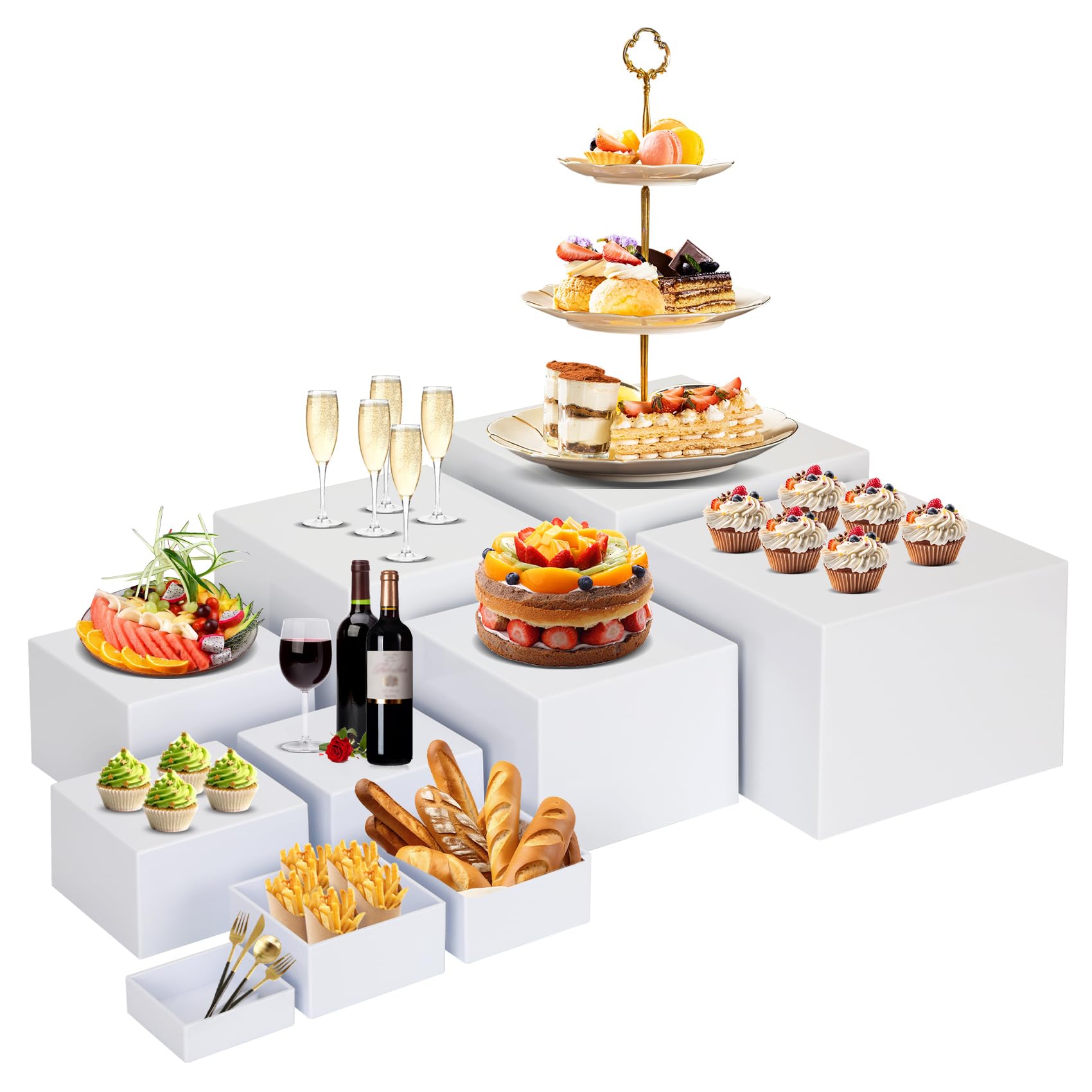 Photo 1 of 10 PCS Buffet Risers, Large Food Risers for Buffet Table, Food Display Risers for Party, White Acrylic Boxes Dessert Table Display Set, Risers Display Stands (Size 10" 9" 8" 7" 6" 5" 5" 4" 4" 3", White)