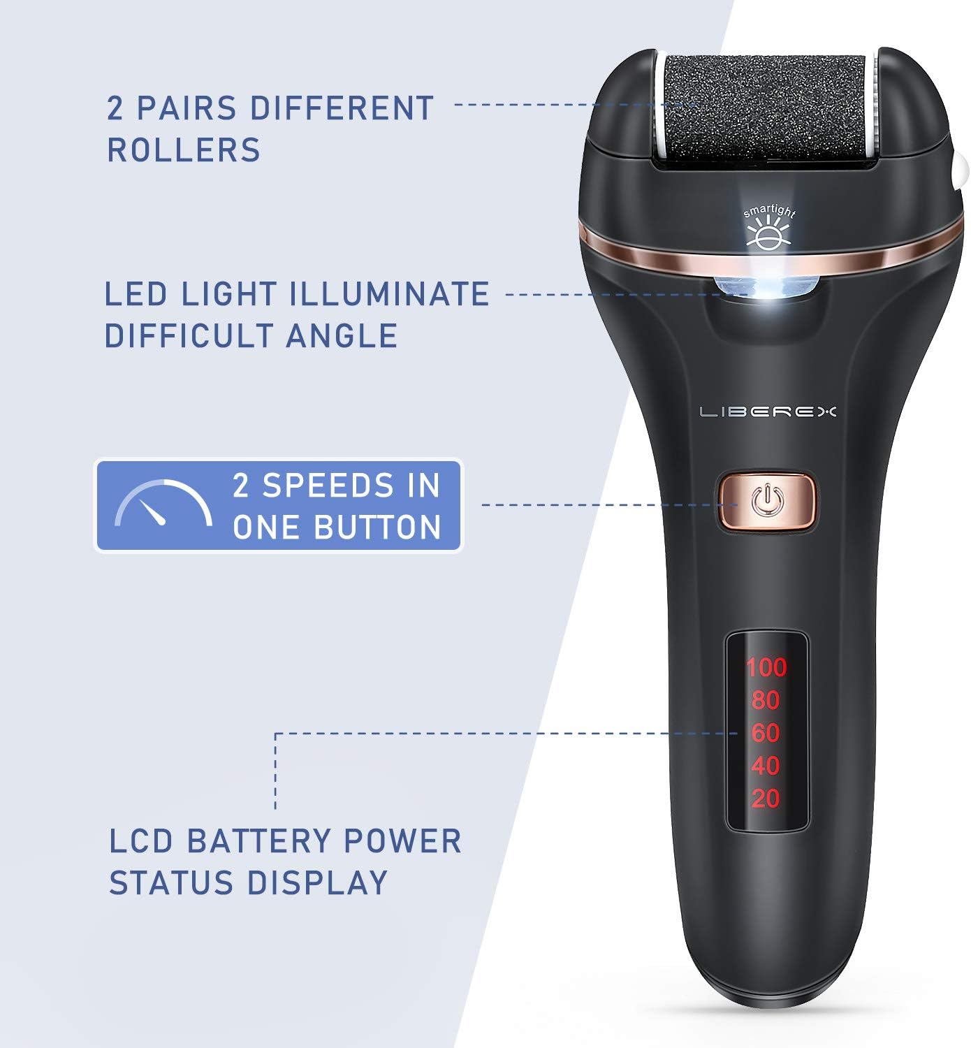 Liberex Electric Callus Remover - Rechargeable Foot File Callus Shaver Hard Skin Remover Pedicure Tools with 4 Roller Heads, for Cracked Heels Calluses and Dead Skin, 2 Speed, Battery Display: Health & Personal Care