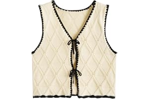 Verdusa Women's Old Money Bow Tie Crochet Sweater Vest Contrast Binding Knot Front V Neck Knit Top