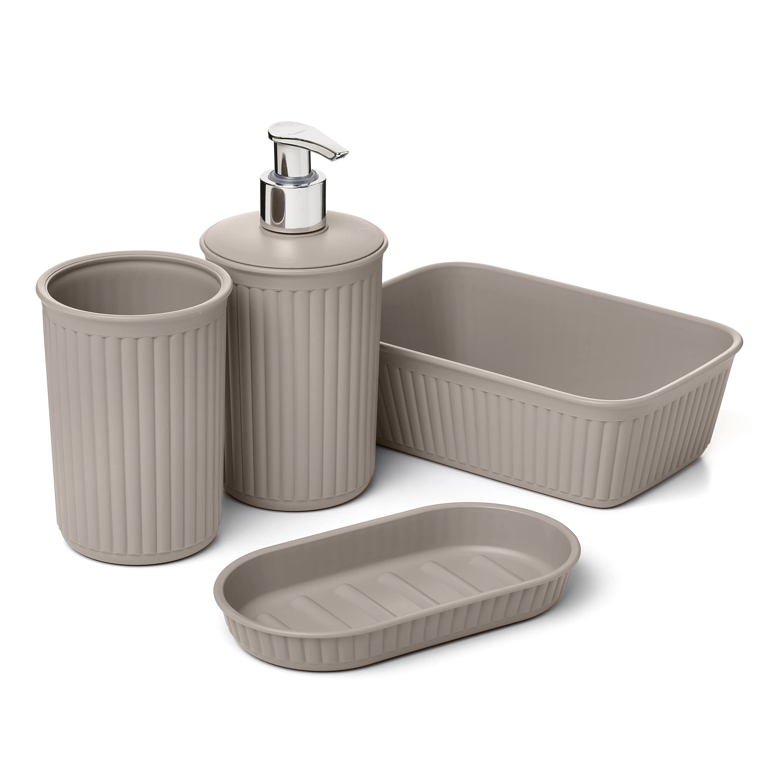 Tatay Set of 4pcs Bathroom Table Top (Tumbler + Dispenser + Soap Dish + Soap Dish + Organiser A6) Baobab, Plastic, BPA Free, Taupe