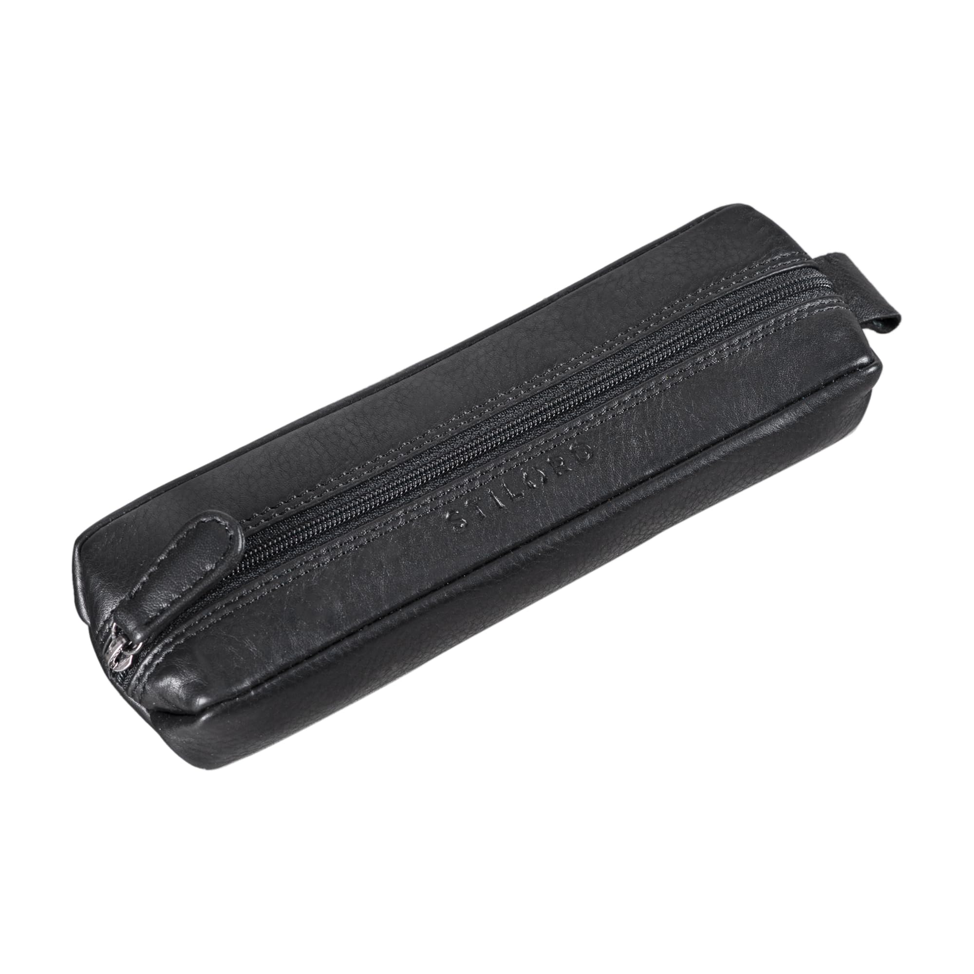 STILORD "Quinn" Leather Pencil case Round Vintage Pen Holder Pouch roll Round Large Ladies Men Genuine Leather Colour:Black