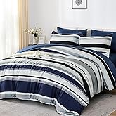 WONGS BEDDING Comforter Full Size, Navy Blue Bedding Comforter Set for Full Bed, Striped Bed in a Bag Full Size Comforter Sets for All Season 90"×78"