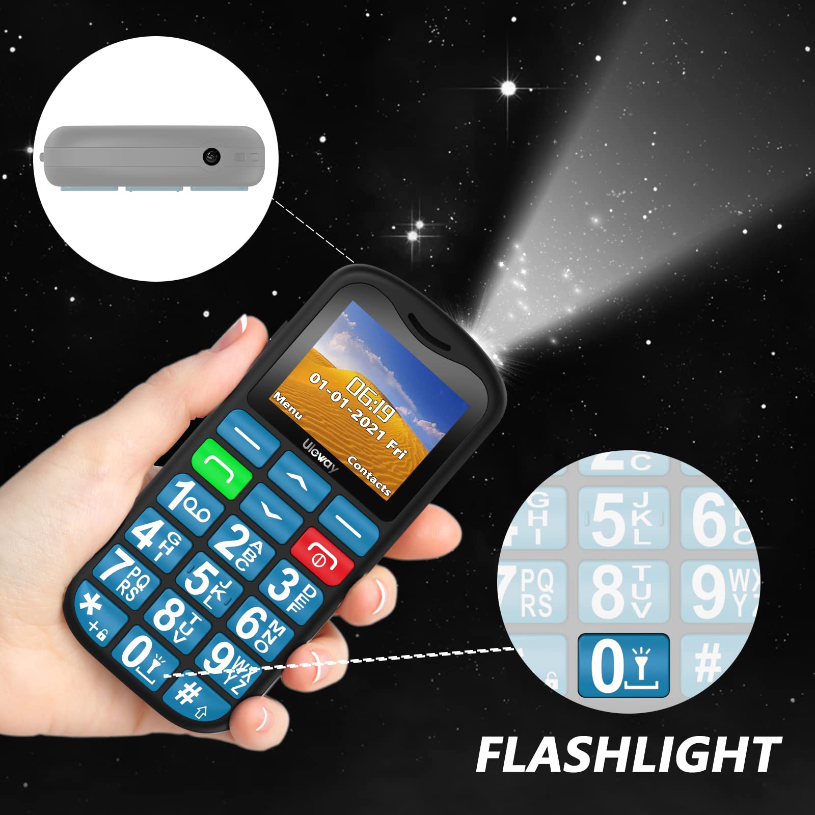 Uleway Big Button Mobile Phone for Elderly - Easy to Use Basic Device With SOS Emergency Button, Large Volume, Flashlight, FM Radio (Blue)