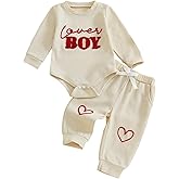 Karuedoo Newborn Infant Baby Boy Valentines Day Outfit Lover Boy Embroidery Long Sleeve Waffle Romper and Long Pants Set
