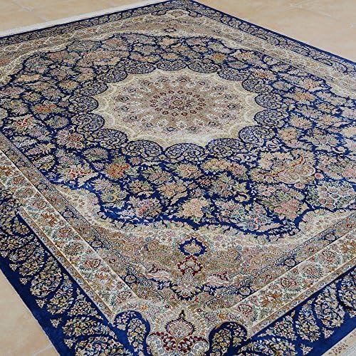 Yilong 8'x10' Handmade Persian Silk Rug Oriental Kerman Medallion with Floral Pattern Hand Knotted Area Rugs for Home (Blue and Beige) YL0937