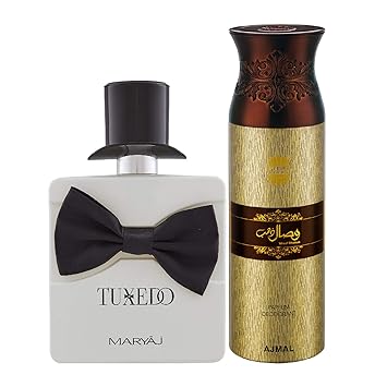 Maryaj Tuxedo Eau De Parfum Spicy Woody Perfume 100ml for Men and Ajmal Wisal Dhahab Deodorant Fruity Floral Fragrance 200ml for Men + 2 Parfum Testers FREE