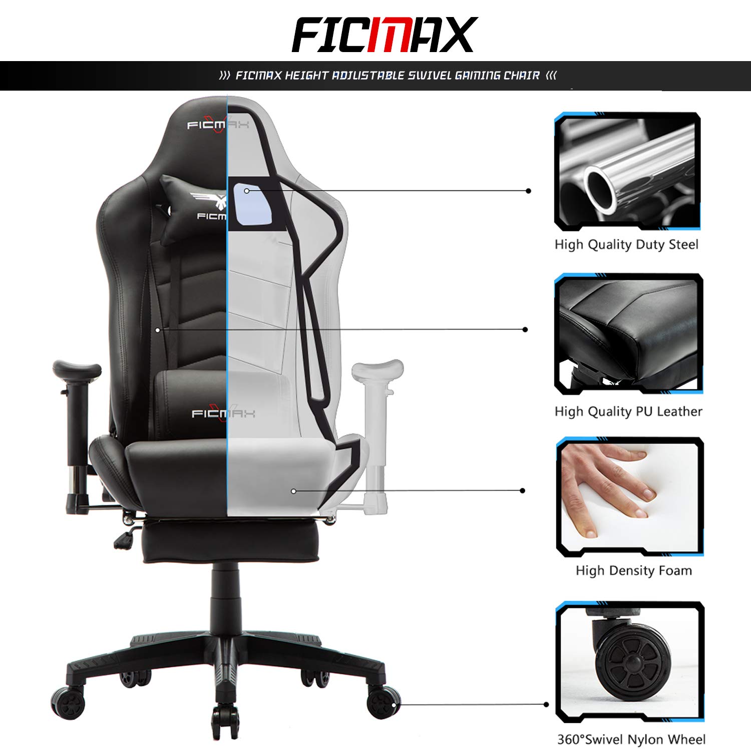 Ficmax Ergonomic Gaming Chair Massage Computer Gaming