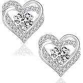 Moissanite Stud Earrings, 0.6ct-2ct Brilliant Heart Shape Lab Created Diamond Earrings, D Color VVS1 Clarity, White Gold Plated Silver Friction Back for Women