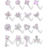 Akeoqi 16Pcs Nose Rings L Shaped Nose Studs Stainless Steel Pink CZ Opal Butterfly Flower Leaf Heart Moon Star Dangle Body Piercing Jewelry for Women Men 20G Gold Silver Tone