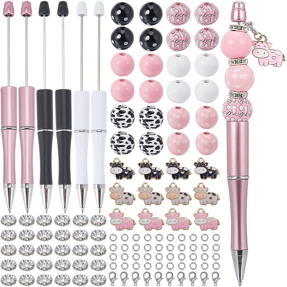 SUNNYCLUE DIY 12 Sets Beaded Pens Kit Plastic Beadable Pens Cow Assorted Bead Pens Wood Bead Rhinestone Spacer Beads Ballpoint Beaded Pens for Teachers Students Nurses Gifts Office School Craft
