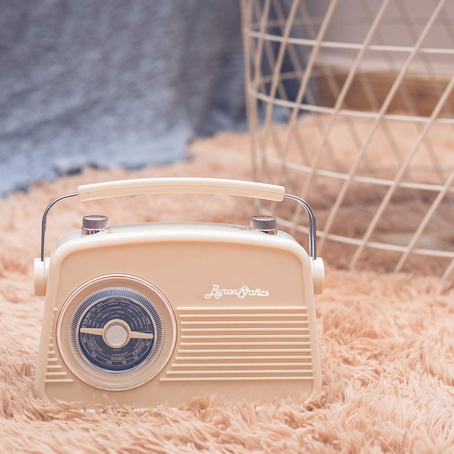 Byron Statics Radio FM AM Portable Radios Vintage Stable Reception Easy Use Dual Power Operation Big Handle Large Knob AC Adaptor Metal Antenna Headset Jack for Home Car Office Good Gift Cream: Electronics