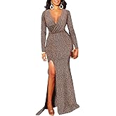Women's Formal Long Sleeve Sparkly Maxi Dress V Neck High Slit Wrap Sexy Gown Cocktail Glitter Maxi Long Dresses