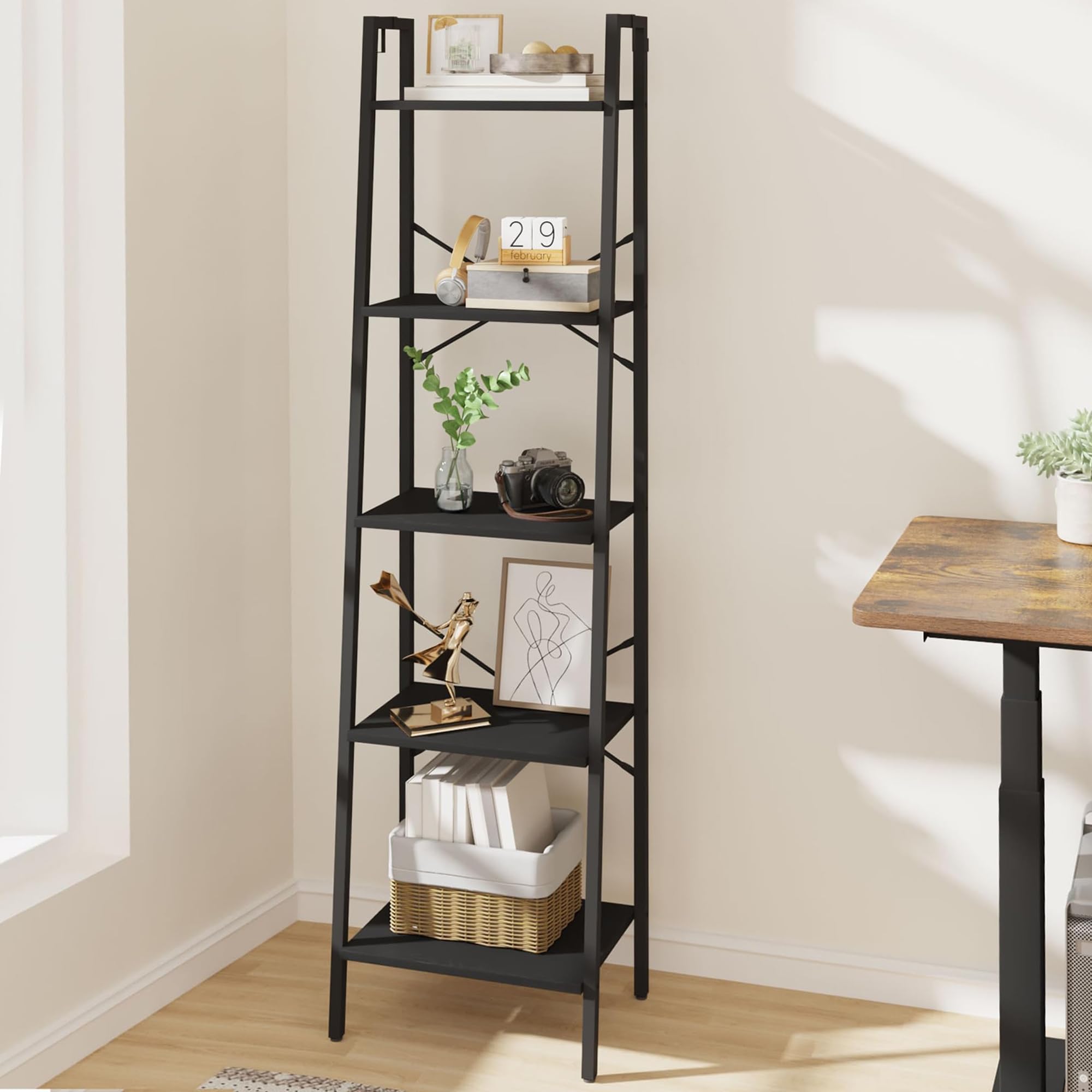 Hzuaneri Ladder Shelf, Bookshelf Bookcase, Freestanding Corner Storage Shelve with 2 Hooks for Home Office, Living Room, Kitchen, Bedroom, Industrial, 5-Tier Black BC19204B Image Hzuaneri Ladder Shelf, Bookshelf Bookcase, Freestanding Corner Storage Shelve with 2 Hooks for Home Office, Living Room, Kitchen, Bedroom, Industrial, 5-Tier Black BC19204B Image