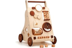 Woodtoe Wooden Baby Walker, Adjustable Push and Pull Learning Activity Center Walker Toy, Natural Wood Sit to Stand Walker for Baby Learning to Walk, Educational Birthday for Toddler Boy Girl 1+