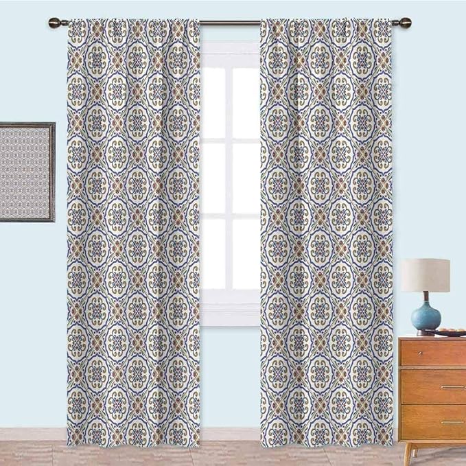 YUAZHOQI Window Curtain Drape, Portuguese Tile Pattern with Swirls