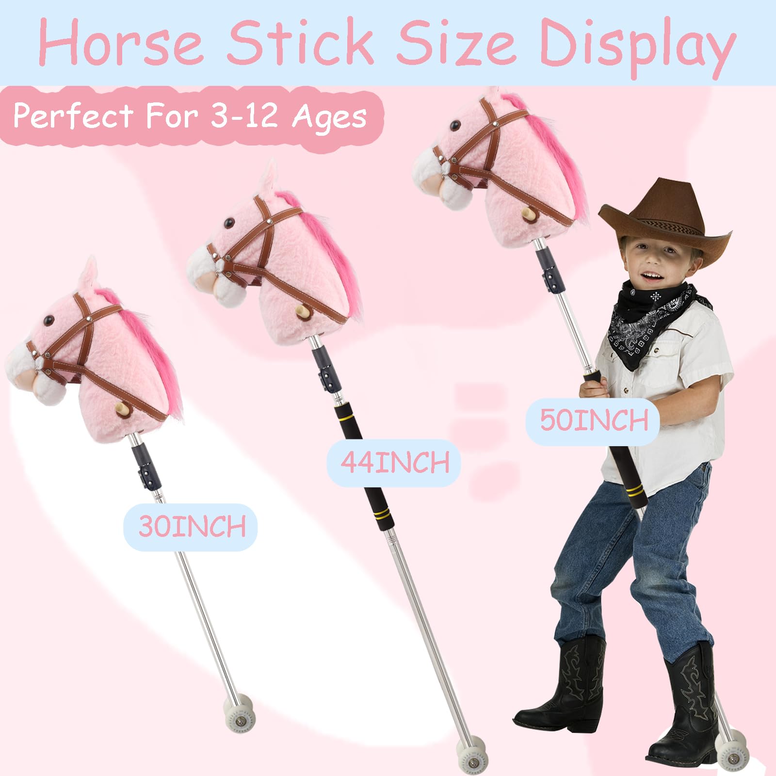 Hobby Horse on a Stick,30 to 50In Stick Horse for Kids 3-12 Years Plush Handcrafted Party Cowgirl Music Pink Pony Horse Toy with Illuminated Wheel Stainless Steels Soft Sponge Handle (Pink)