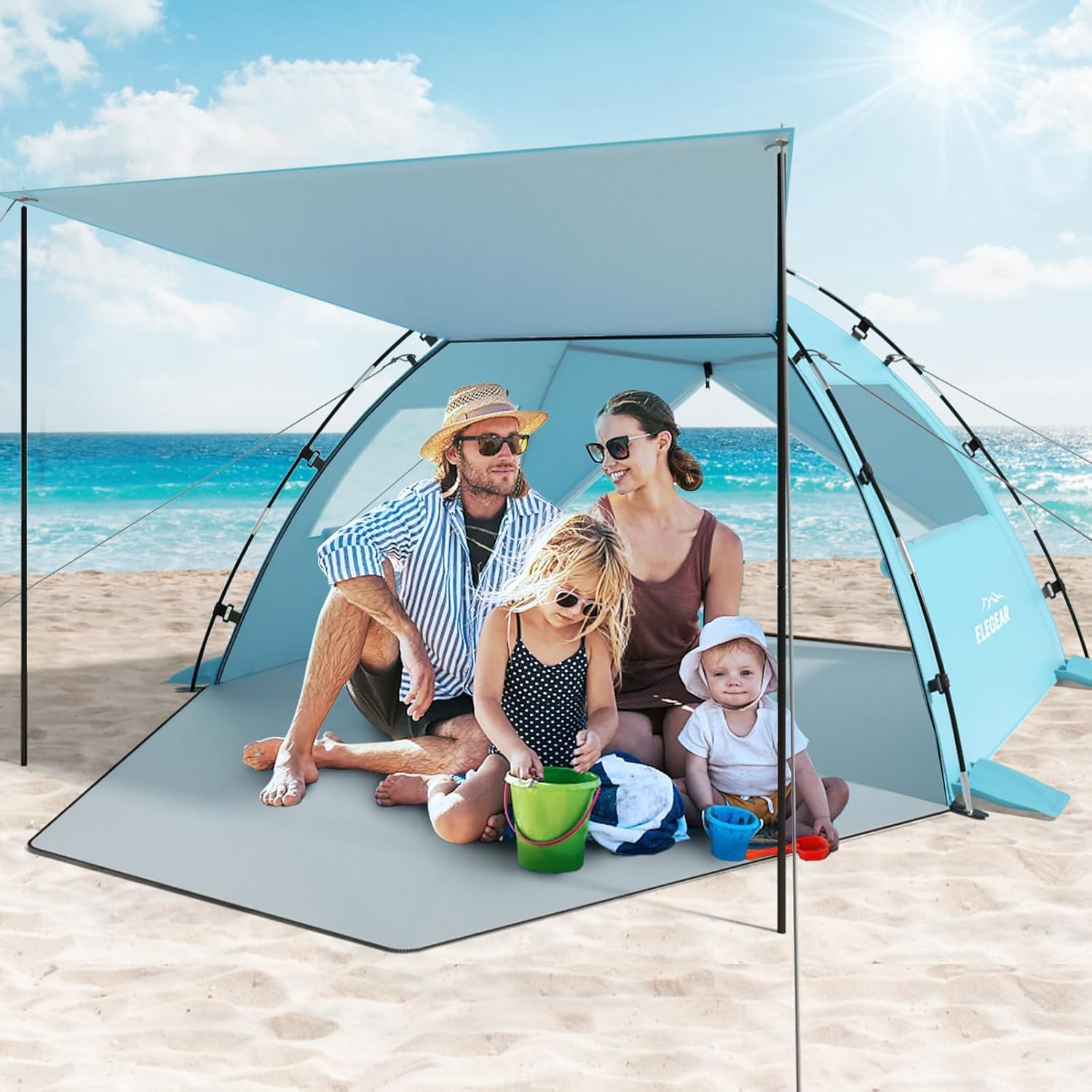 Elegear Beach Tent for 4-5 Person with Extra Large Canopy, Portable Sun Shelter Tent with UPF 50+ UV Protection, Beach Shade with Expandable Porch, Easy Setup Sun Tent for Beach, Camping, Fishing