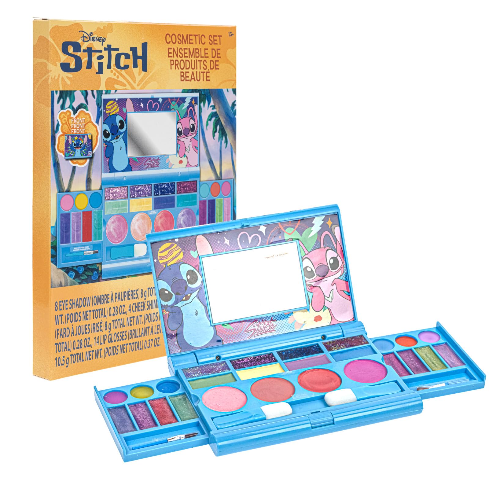 Stitch All-in-One Kids Cosmetic Compact Set Includes Washable Lip Gloss, Eye Shimmer, Cheek Shimmer, Brushes Colorful Portable Beauty Set for Girls, Tweens,+ by Townley Girl