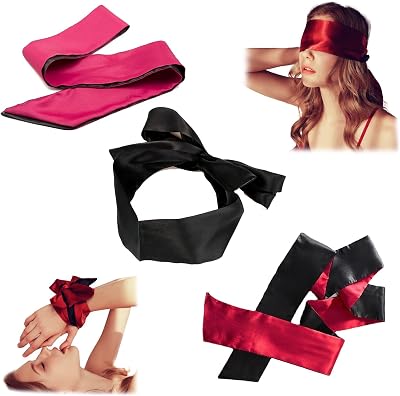 AWAVM Silk Satin Blindfold 3Pcs Eye Mask Sleep Mask Black Red Rose
