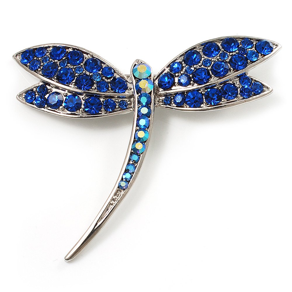 Classic Navy Blue Diamante Dragonfly Brooch (Silver Tone)