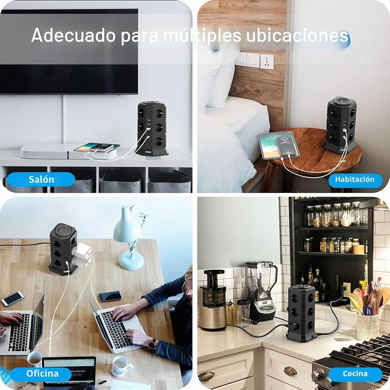 Regletas Enchufes Vertical con 2 Interruptor, 12 Schuko, 2 USB C y 3 USB A, 4000W/16A, Regleta Torre Enchufe con Cable 2M, Regleta Enchufes Proteccion Sobretension, Negro — foto 7 de 7