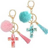 MWOOT 2PCS Cross Keychains for Women, Christian Keyring Tassels Plush, Resin Jesus Key Chain, Bag Charm Car Accessories