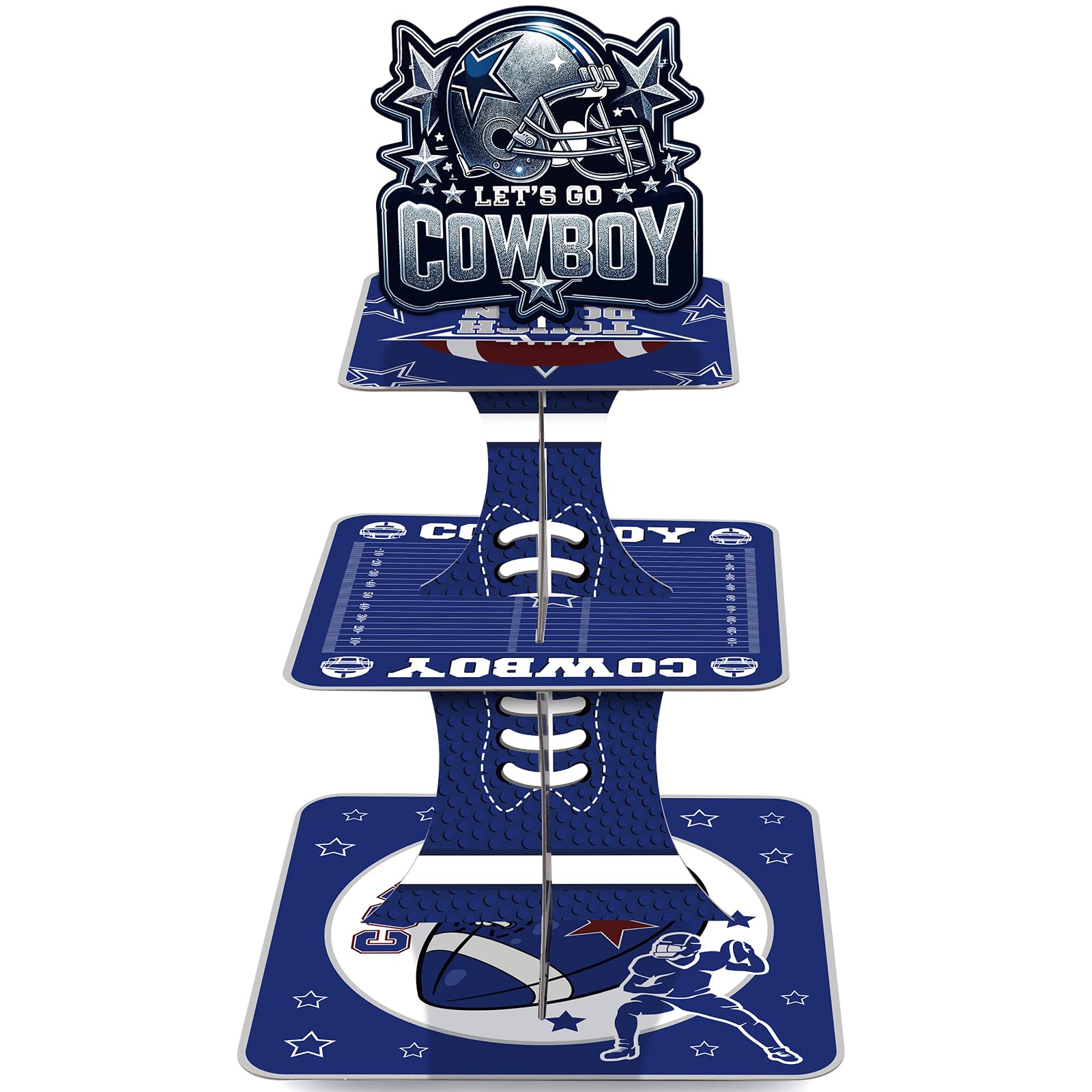 Photo 1 of VorkiVecKi Blue Cowboy Cupcake Stand - 3 Tier Football Dessert Cup Cake Tower Holder Set Display, Birthday Party Pastry Baby Shower Decorations Square Table Tiered Sports Decor Supplies for Kids Boys