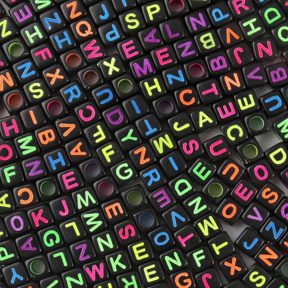 Photo 1 of Acrylic Black Letter Beads Alphabet Colorful Letters Black Cube Bead, 6×6mm 900pcs, Friendship Bracelets Letter Beads Black Square
