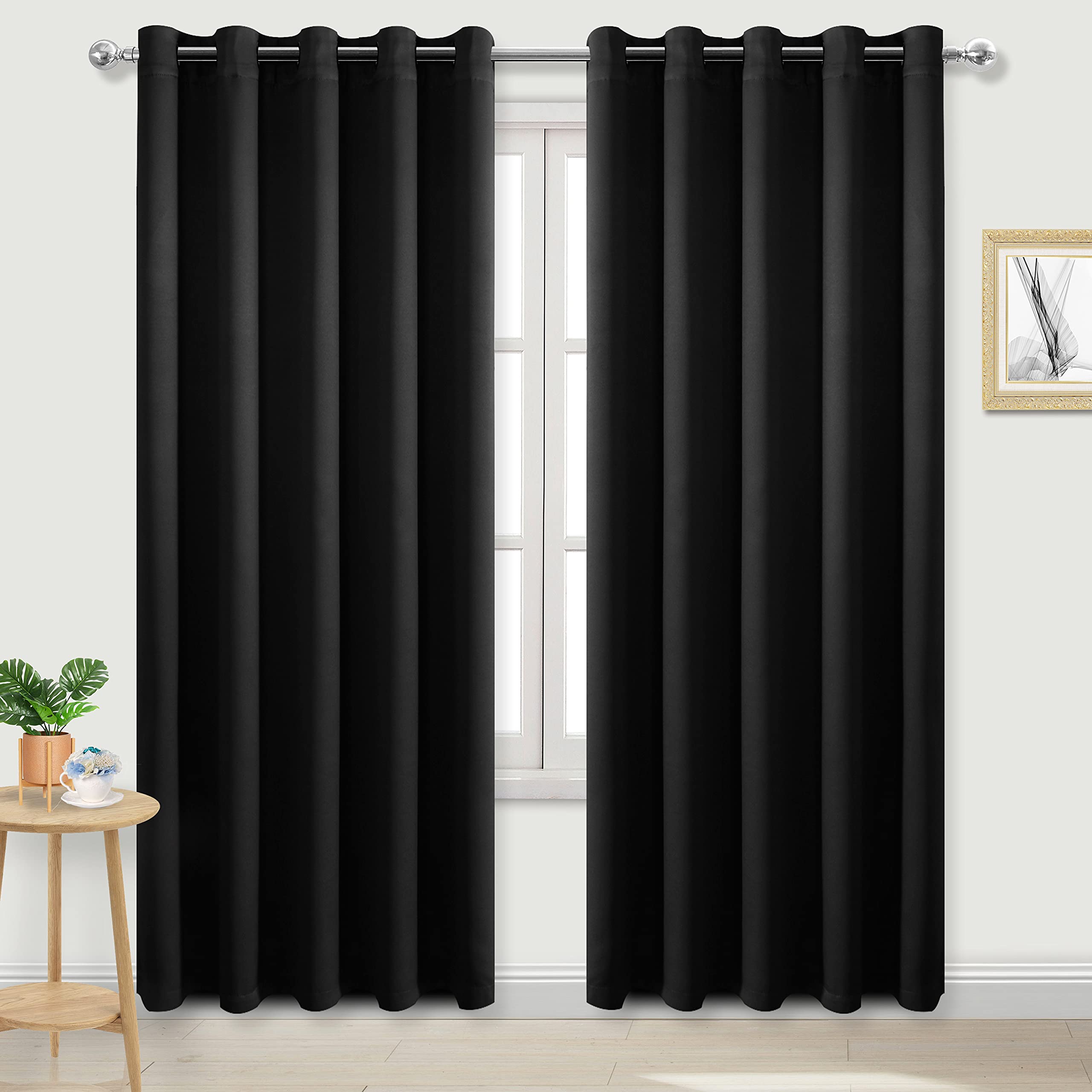 DWCN Black Blackout Curtains for Bedroom - Thermal Insulated Energy Saving Eyelet Window Curtains for Living Room 66 x 90 inch Length, 2 Panels