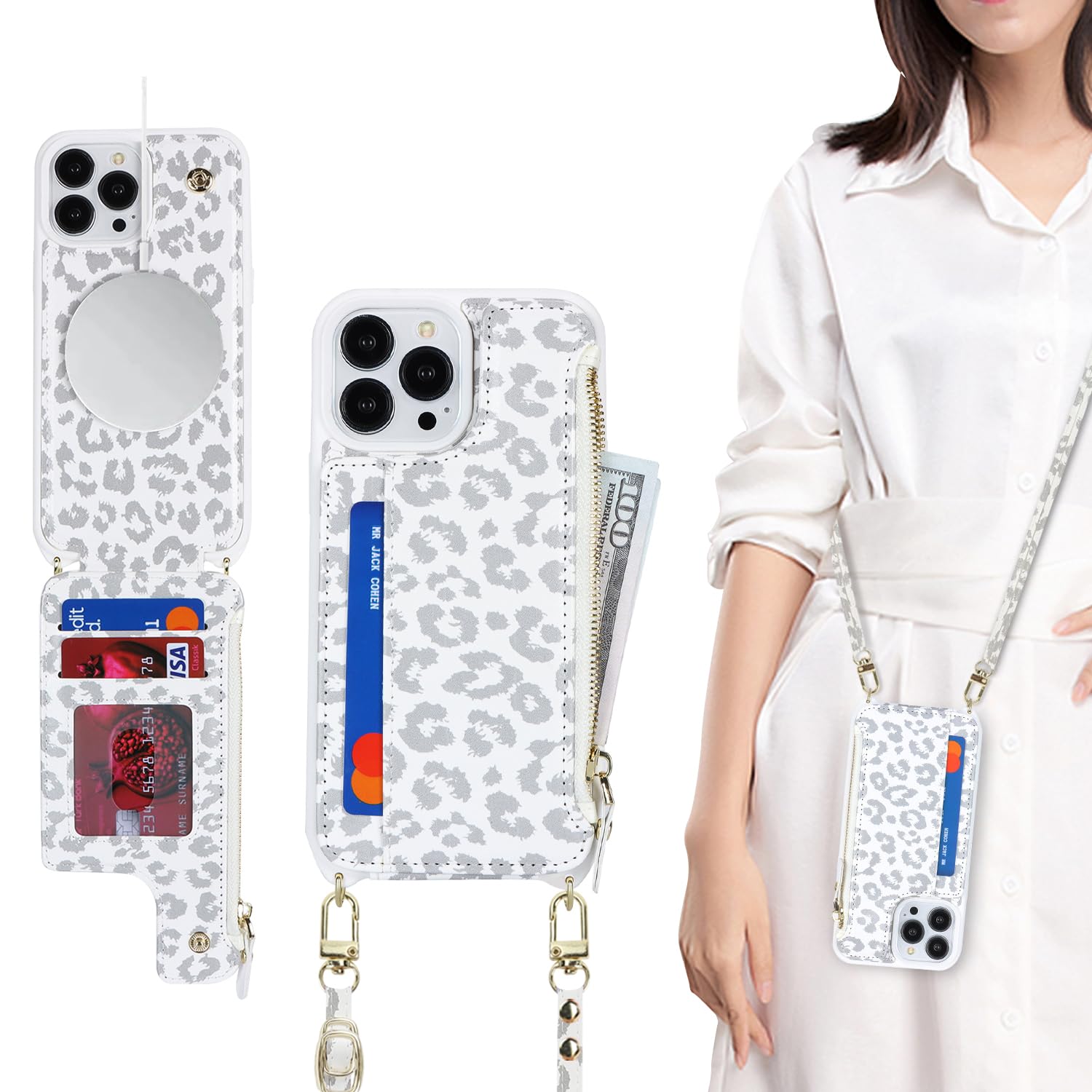 SailorTech for iPhone 14 Pro Case with Credit Card Holder magsafe, iPhone 14 Pro Phone Leather Case Wallet for Men Crossbody with mag safe Zipper Shockproof Case for Women - White Leopard — image 1