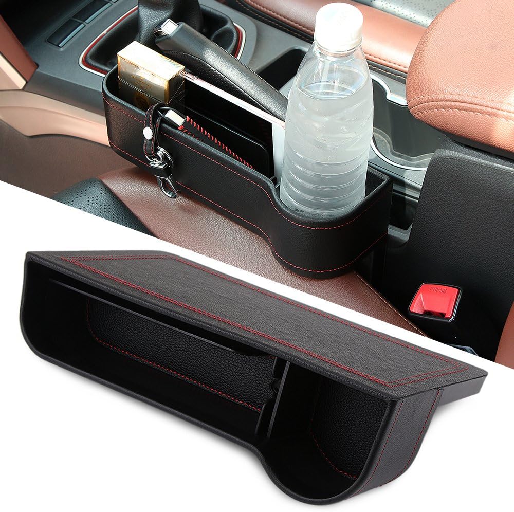 TACY Car Seat Gap Filler Storage Box Car Organizer Console Seat Gap PU Leather Case Pocket Cup Holder Car Seat Side Slit for Wallet Phone Coins Cigarette Keys Cards Cups (Black for Console)