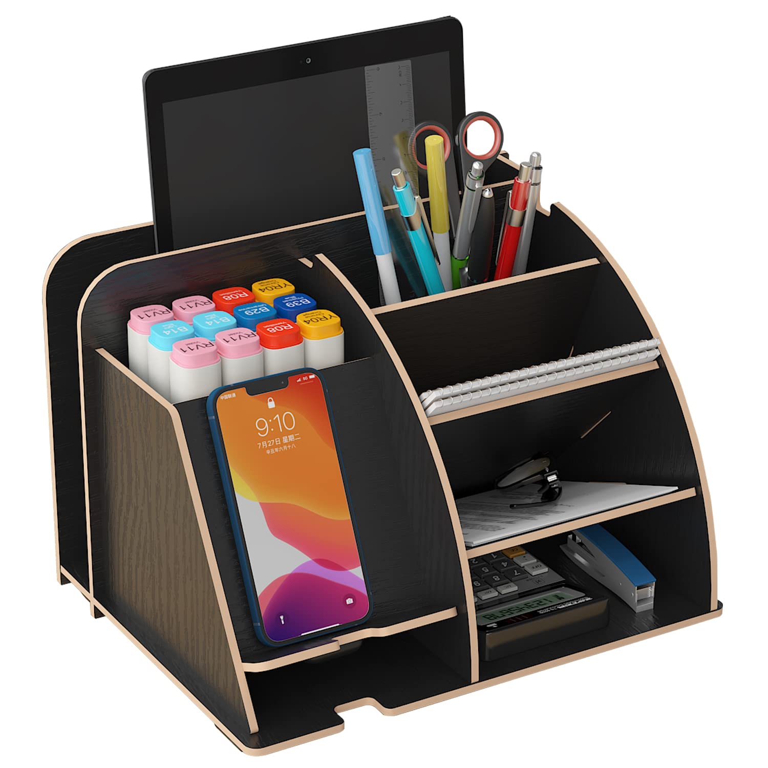 NUODWELL Wooden Desk Organiser with Phone Docking Station, Office Stationary Desk Tidy Organiser Pencil Holder Storage Box Desk Accessories（Black）