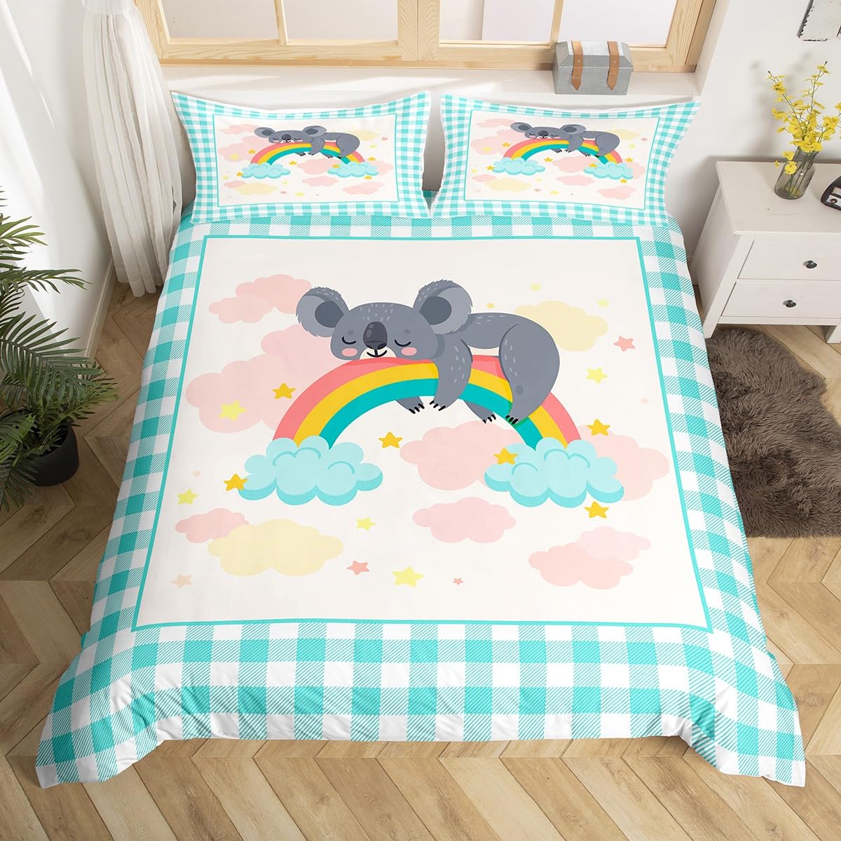 Homemissing Girls Cartoon Kola Bedding Set Single Size, Blue Cute Kola Comforter Cover for Boys Girls Rainbow Kola Duvet Cover Kawaii Pet Bedspread Cover Decorative 2Pcs With 1 Pillow Case