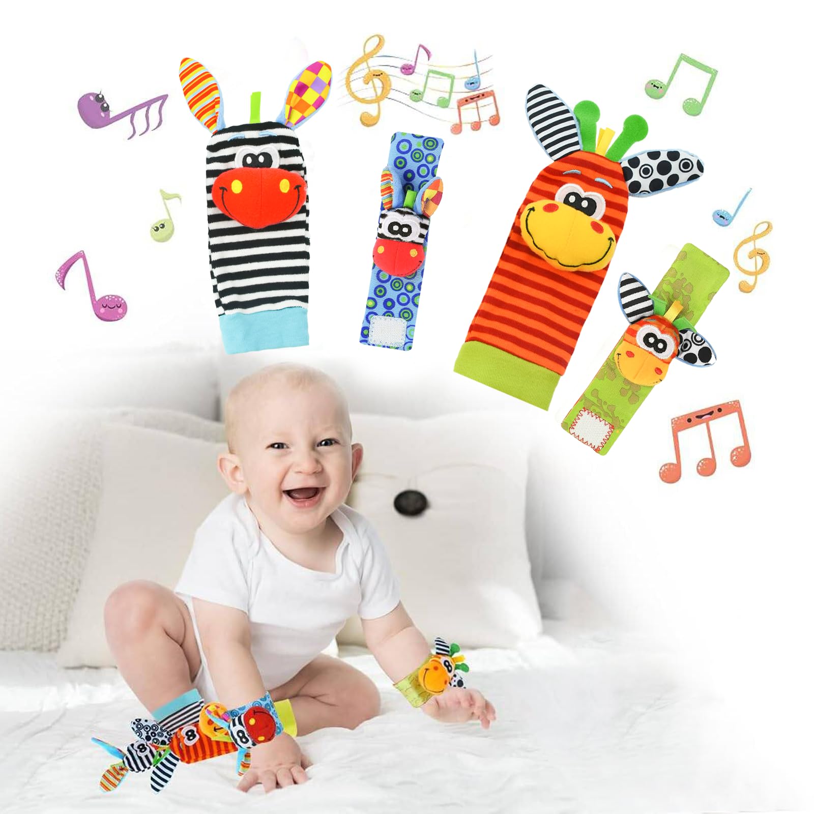 Surplex Baby Wrist Rattles & Footfinder Set Soft Animal Baby Rattles Toys for Over 0 Month Infant Development, Baby Rattle Socks Wrist Rattles Foot Finder Socks Set Gift for Newborns, 2 Waist 2 Sock
