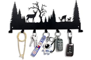 BooWoodNeonMetal Forest Silhouette Metal Hook Rack - Rustic Wall Mounted Hooks for Coats, Keys, and Outdoor Gear - Decorative Deer & Pine Tree Design, Black
